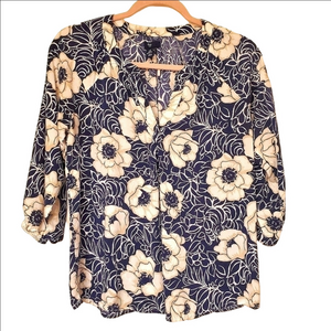 Gap Boho Floral V-Neck Casual Top Elastic 3/4 Sleeves Flowy Relaxed Fit Blue EUC